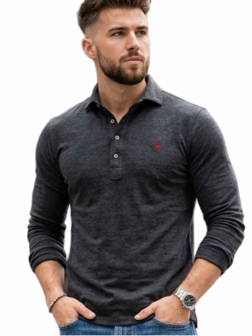 Polo Ralph Lauren Charcoal Grey Slub Knit Long Sleeve Polo Shirt Luxury L 1381